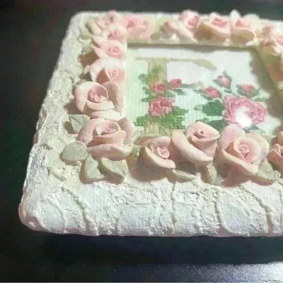 Square Resin Frame W/ Pink Roses Cream Colored Cross Stitch Letter E W/ Roses - Picture 3 of 7